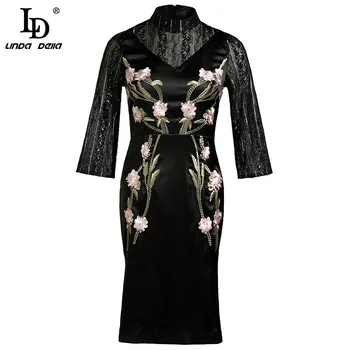 

LD LINDA DELLA 2020 Autumn Fashion Designer Black Dress Women Sequin Lace Sleeve Flowers Embroidery Vintage Dresses vestidos