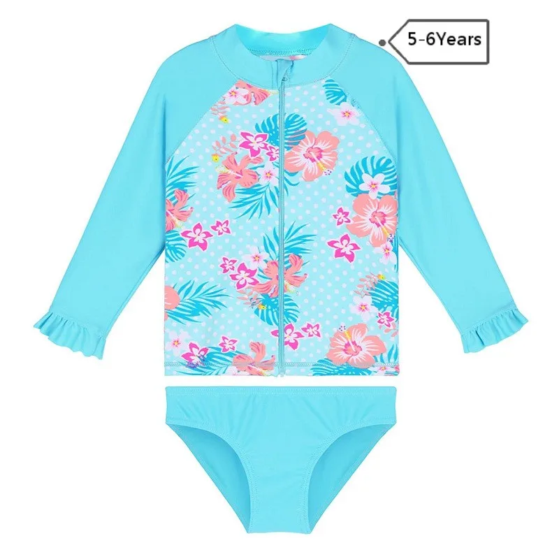 S309Cyan6A BAOHULU купальник для девочки из двух предметов с длинными рукавами, детские купальники для девочек, лето защита от ультрафиолета пляжный костюм с цветочным рисунком-купание - Цвет: S309Cyan6A