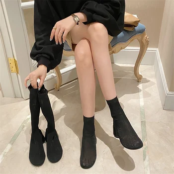 

2020 Autumn Spring Women Glitter Round High Heels Sock Boots Stretch Fabric Female Medium Heels Mid Calf Boots Bling Party Shoes