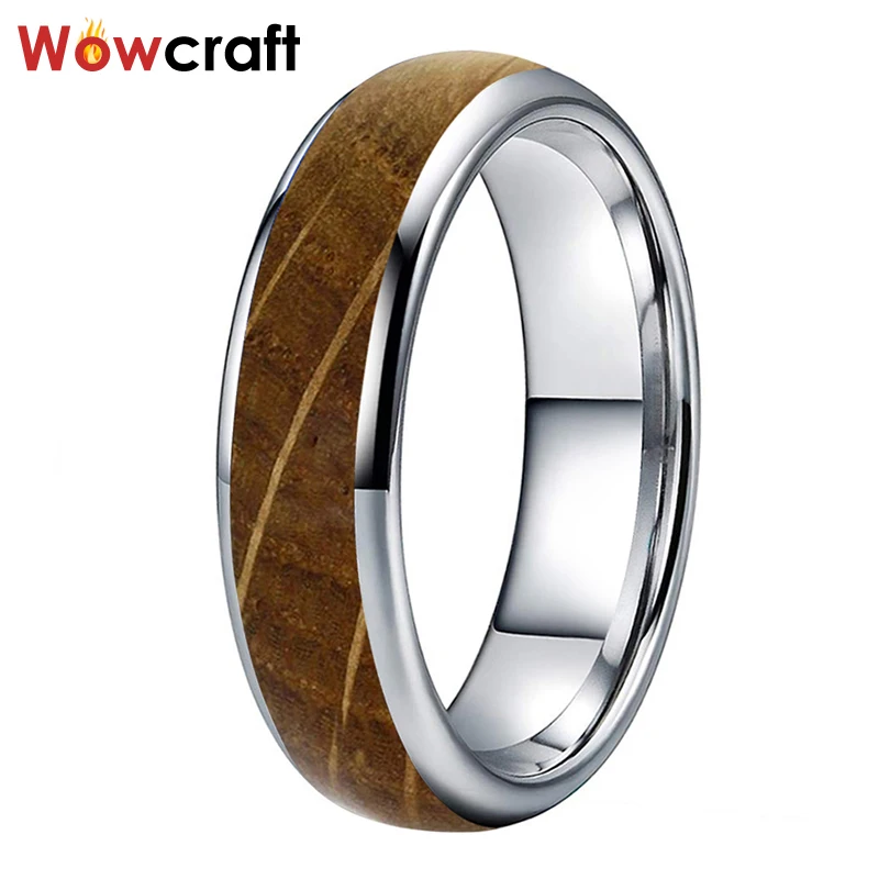 

6mm Tungsten Whiskey Barrel Wood Ring for Men Women size 5 to 13 Domed Wedding Bands Comfort Fit Polished Shiny