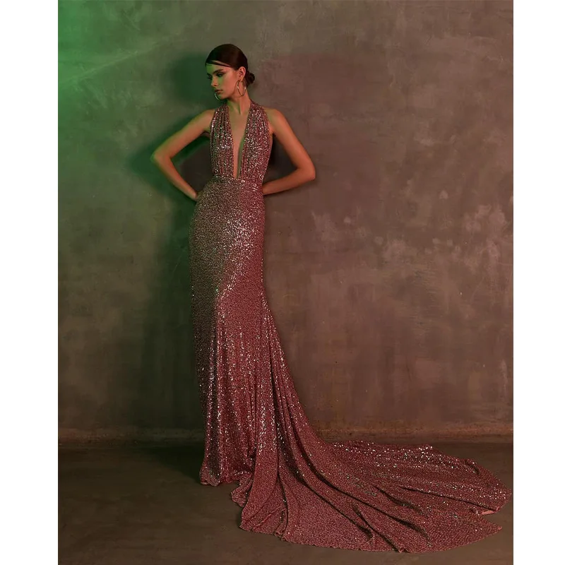 

BacklakeGirls Sexy Halter Deep V Neck Sequined Mermaid Evening Dress With Train Party Elegant robe soiree longue Long Prom Gown