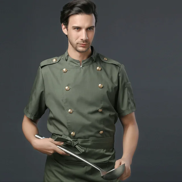 Short sleeve Мужская дышащая с коротким рукавом двубортная шеф-повара еда обслуживание Кухня готовка рабочие футболки кухня Спецодежда фартуки Новые - Цвет: Short sleeve