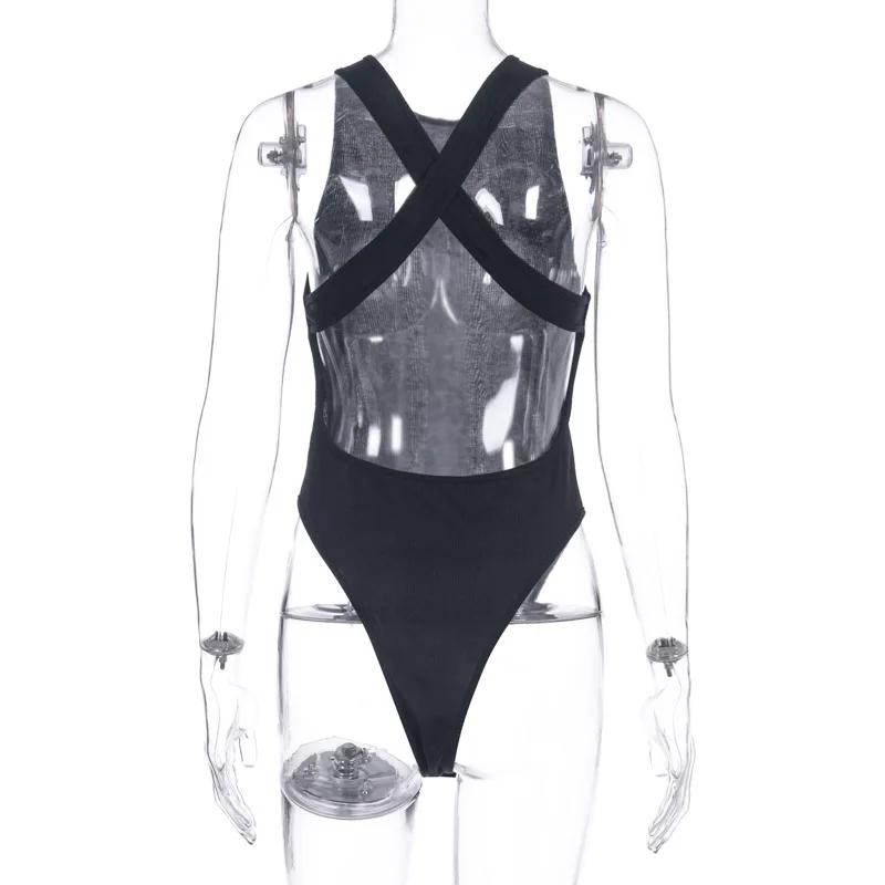 ArtSu Women Sexy Cross Bandage Bodysuit O-Neck Sleeveless Fit Bodycon Knitted Bodysuits One Piece Combinaison Femme Black White