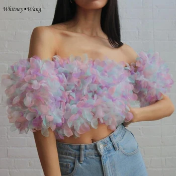 

WHITNEY WANG Blouses 2020 Summer Fashion Streetwear Sexy Slash neck Petals Blouse Women Blusas Lady Shirt Party Top