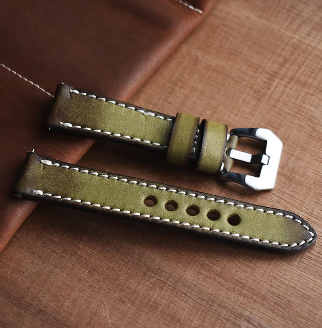 High Quality Genuine Leather Watch Band 18mm 20mm 22mm 24mm Handmade Wristband Stainless Steel Buckle Watch Strap for Panerai green