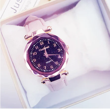 Frauen Uhren очаровательное звездное небо Uhr Frauen повседневное Leder Band Damen Armbanduhr Kleid quaris Uhr montre femme reloj mujer - Цвет: pink
