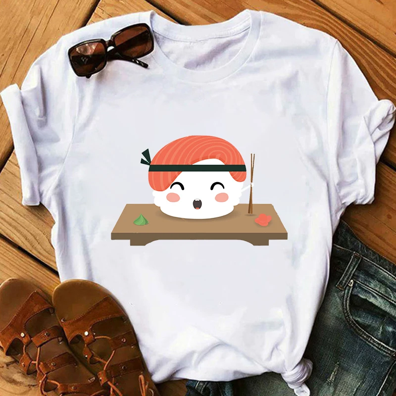 Camiseta para mujer impresa de dibujos animados de Sushi, camiseta estampada harajuku, ropa de calle para mujer, camisetas de manga corta oversize