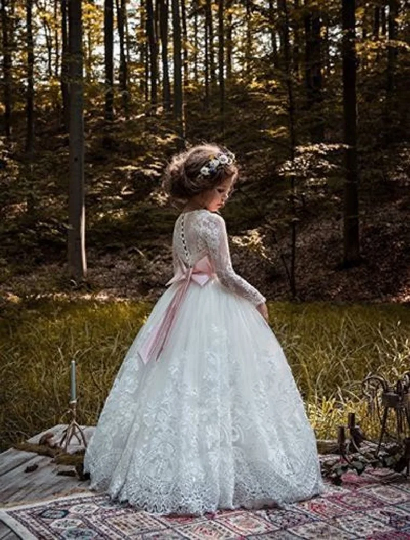 Lace First Communion Girl Dresses Cap Sleeve Long kids Prom Dress Evening Gown Flower Girl Dresses For Wedding
