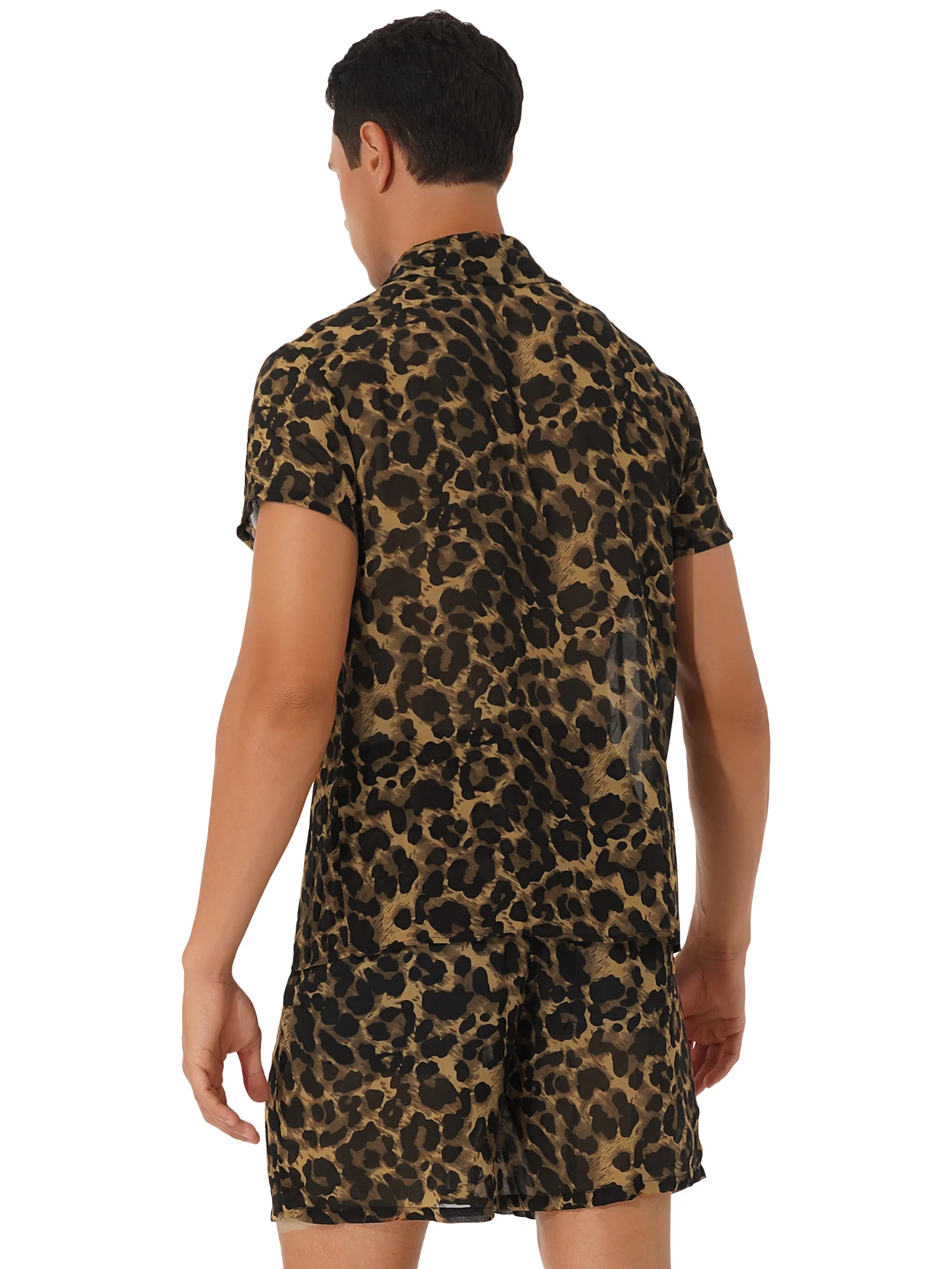 Men Sexy Leopard Print Outfit See-through Turn-down Collar Short Sleeve Shirts Tees Beach Wear Tracksuit Set Sleepwear