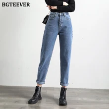 BGTEEVER весенние женские синие джинсы с высокой талией, свободные джинсы, женские брюки, повседневные однотонные джинсы-шаровары, штаны длиной до щиколотки