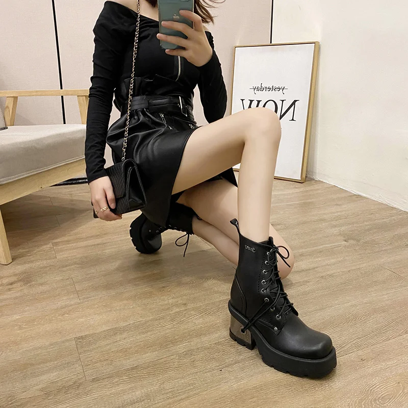 Punk Retro Platform Women's Motorcycle Boots New Street Metal Decoration Goth Ladies High Heels Pole Dance Demonia Female Shoes