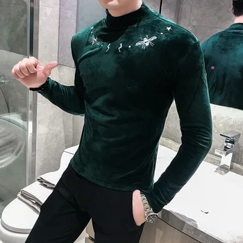 

2019 Embroidery Velvet T Shirt Men Turtleneck Long Sleeve T Shirts Tees Casual Slim Tops Hip Hop Social Streetwear T Shirt M-3XL