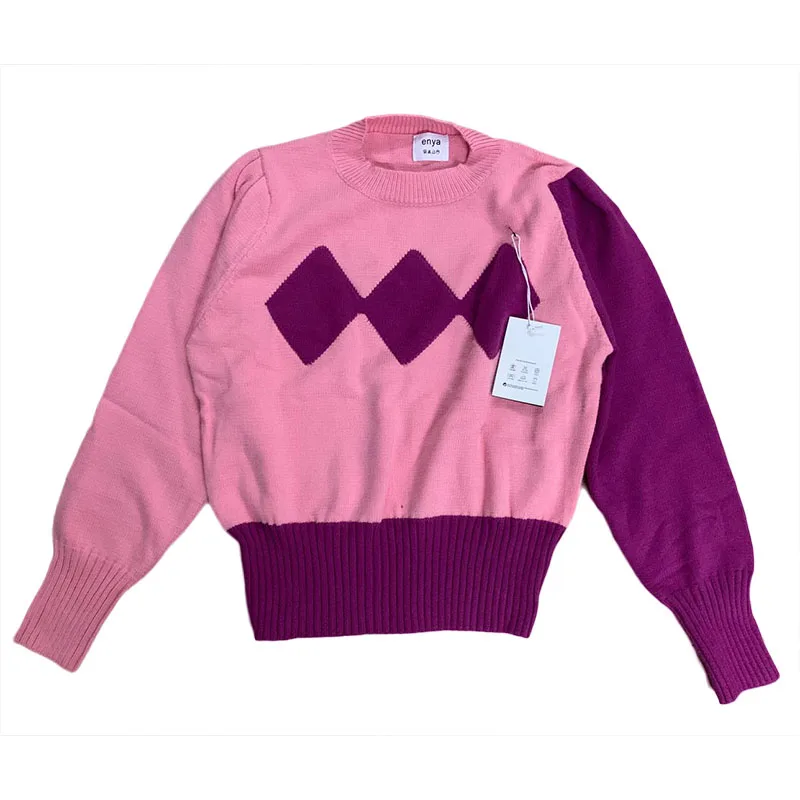 

Chic autumn and winter new retro loose rhombic color matching bottoming knit sweater womens knit sweaters O-Neck