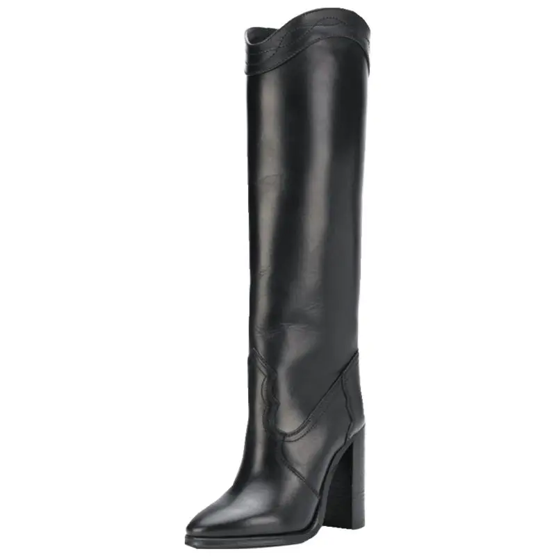 

Autumn Winter Catwalk High Heel Cow Leather Flanging Solid Color Shoes Fashion Knee Length Boots Female High Boots Women Slip On