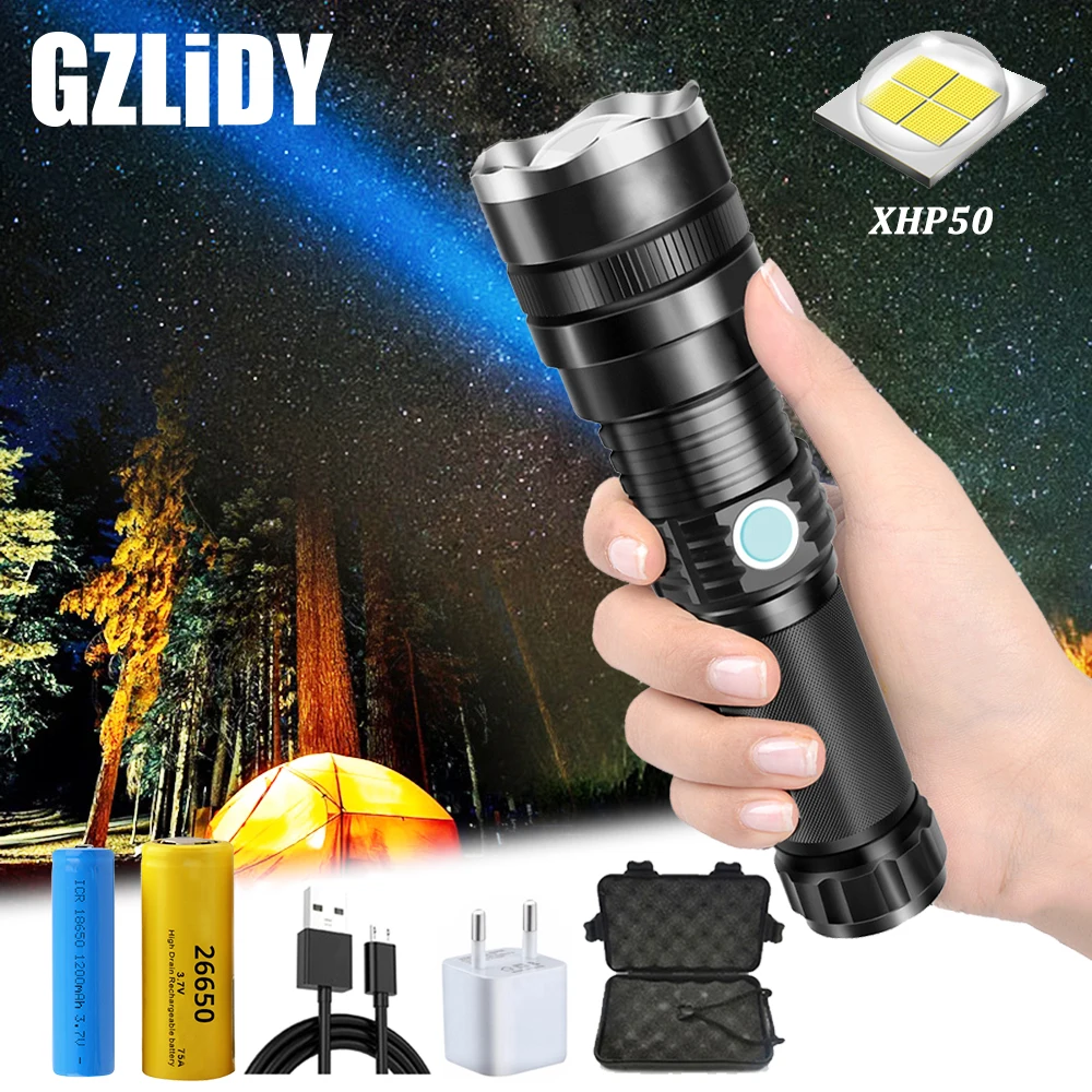 

Glare XHP50 LED Flashlight USB Rechargeable 3 Modes Tactical Torch Support Zoom Waterproof Outdoor Light Using 18650 Battery