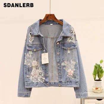 

Denim Jacket Women 2020 Spring New Fashion Beaded Three-dimensional Embroidered Ripped Denim Jacket Women's Loose Jean Coat