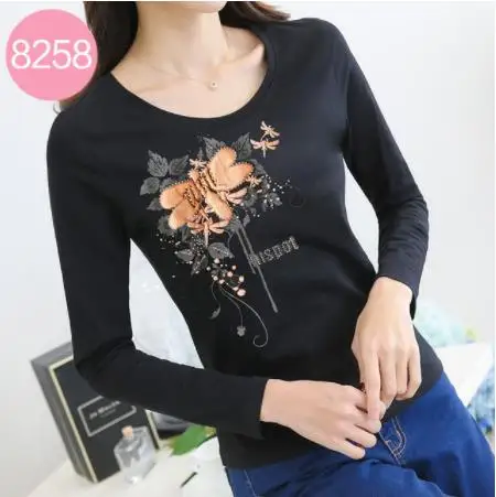 picture color Футболка Vetement Femme одежда футболки женские Стразы с длинным рукавом весенние топы женские Алмазные футболки - Цвет: picture color