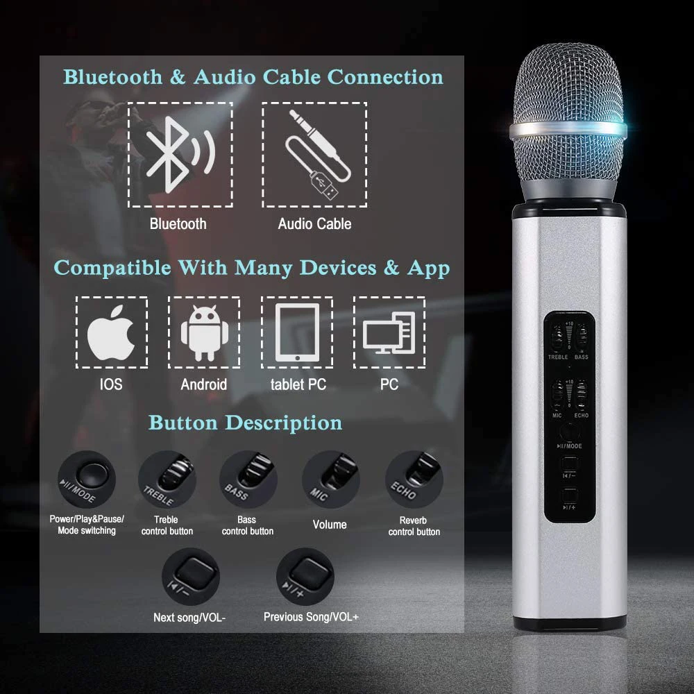 AUX ou Android/iOS téléphone intelligent fonction déco,compatible avec PC Microphone karaoké Bluetooth 4 en 1 portable avec béquille de lumières LED pour enfants Cantar 