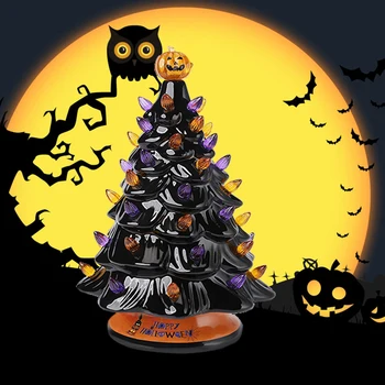 

Halloween Christmas Ceramic Tree with Orange and Purple Lights,Tabletop Decor Tree with Pumpkin Top and Halloween Tree Collar