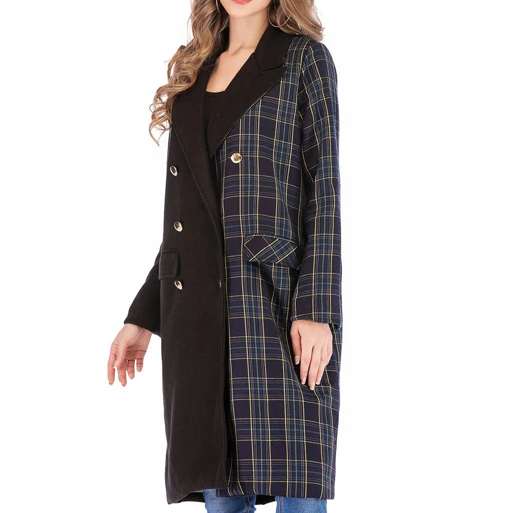 Женское шерстяное пальто размера плюс, Осеннее зимнее лоскутное пальто с отворотом и длинным рукавом на пуговицах, Кашемировое шерстяное зимнее пальто
