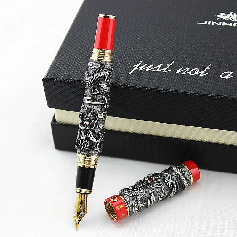 Jinhao, металлическая серая авторучка с двойным драконом, перьевая ручка иридиевая, средний перьевой наконечник, передовое ремесло, ручка для письма, подарочная ручка для бизнес-офиса выпускника