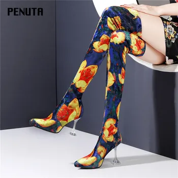 

2020 PENUTA Women Over The Knee High Boots High Heel Flower Shoes Stretch Fabric Zapatos De Mujer Short Plush Winter Shoes B0017