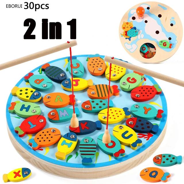 EBORUI 30pcs Magnetic Fishing Game Toddler Wooden Toys Preschool