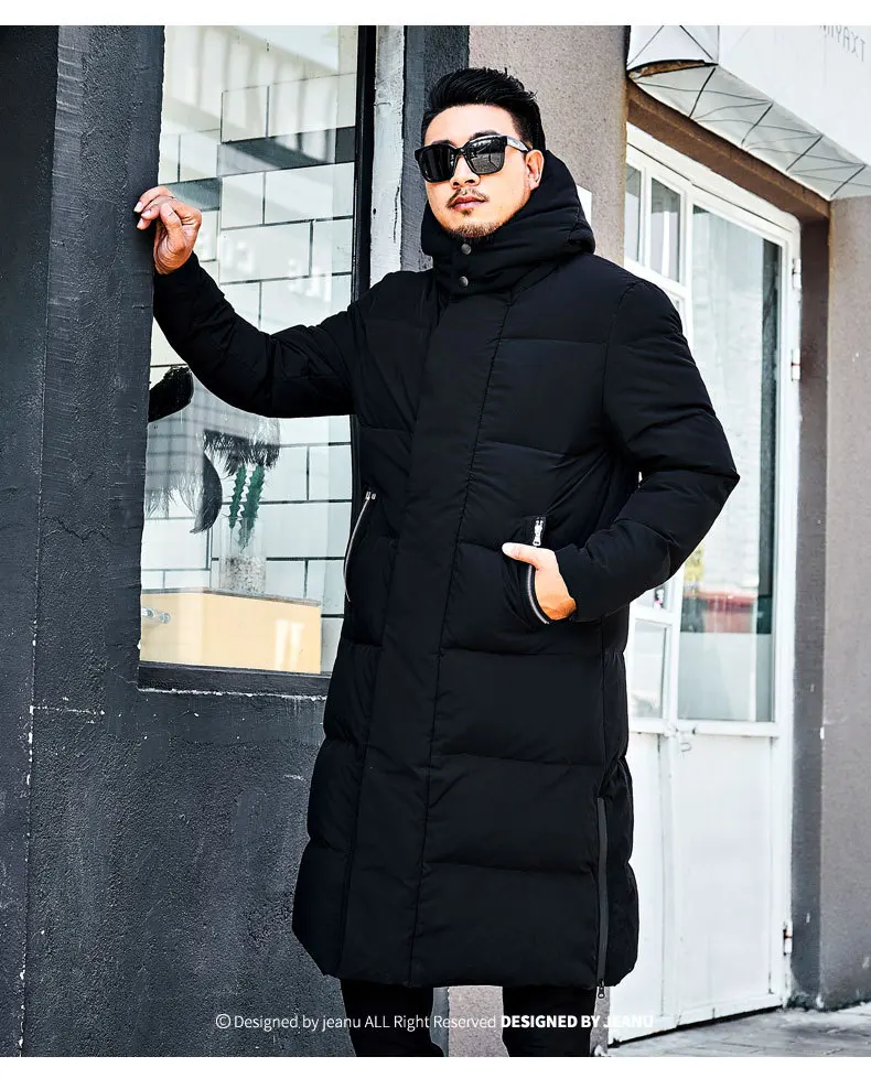 Зимняя мужская Толстая длинная куртка на белом утином пуху,, новая мода, с капюшоном, выше колена, теплое пуховое пальто, большой размер, Мужская брендовая одежда