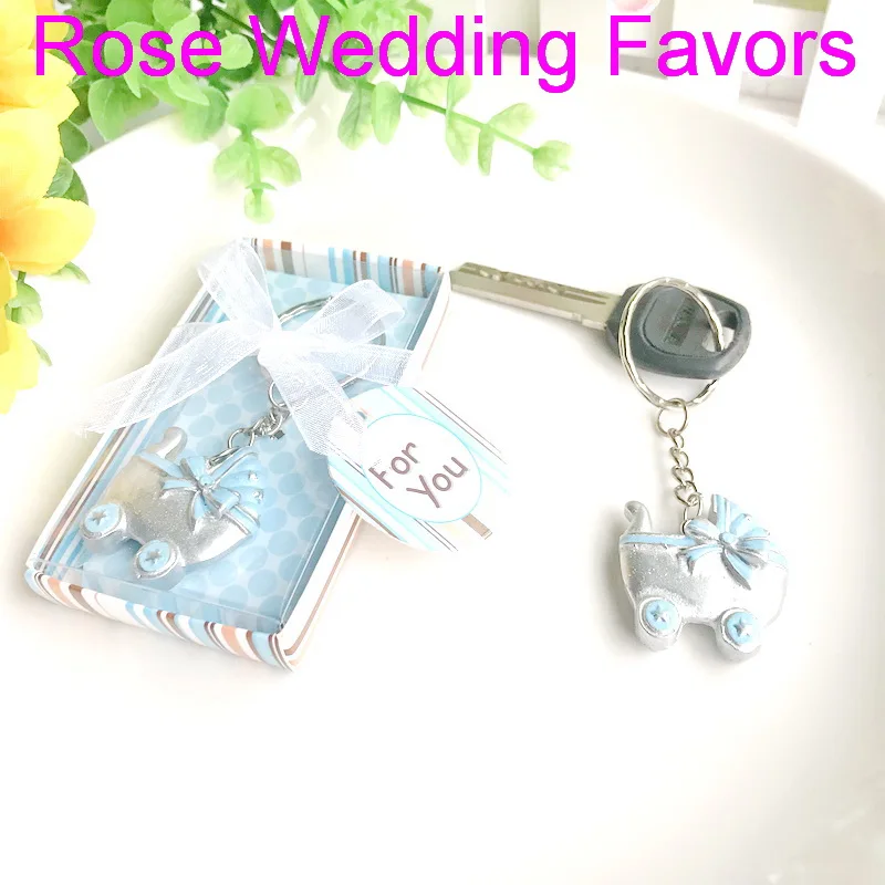 

(18pcs/Lot)FREE SHIPPING+Baby Blue Carriage Keychain Newborn Christening Gift Baby Boy Shower Favors Key Chain In Gift Box