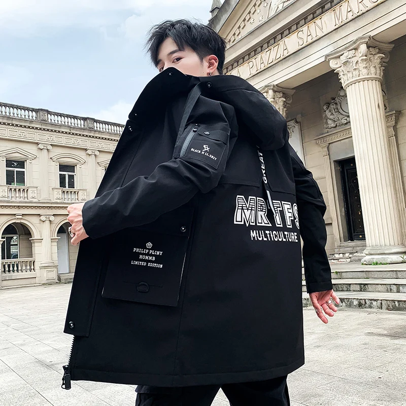 

2019 Autumn winter Man Jacket Loose Coat Youth Even Hat Long Work Clothes Male streetwear Windbreaker Japan Style Black
