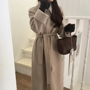 

Double-Faced Woolen Goods Wool and Cashmere Coat 2020 Autumn Solid Color Women Overcoats All-match Clothes With Belt