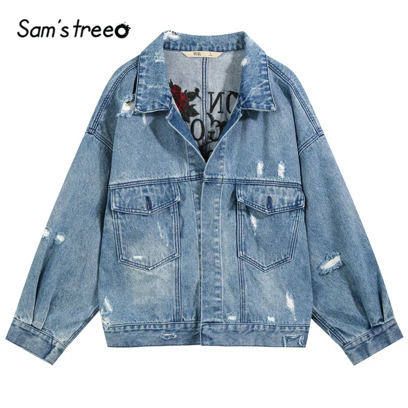 Samstree, Корейская джинсовая куртка с цветочной вышивкой, Женское пальто, осень, большие размеры, женские пальто, Уличная Повседневная женская верхняя одежда