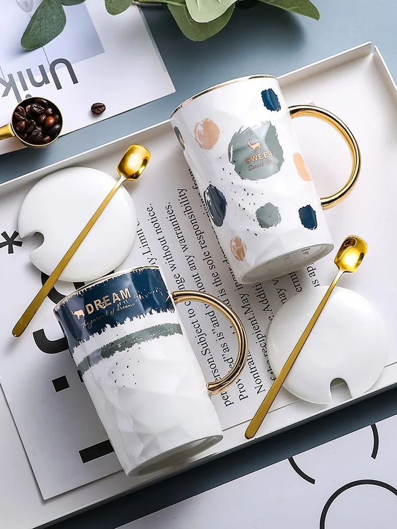 Ceramic Cup creative personality trend mug with lid spoon simple couple drinking cups for men and women's coffee cups