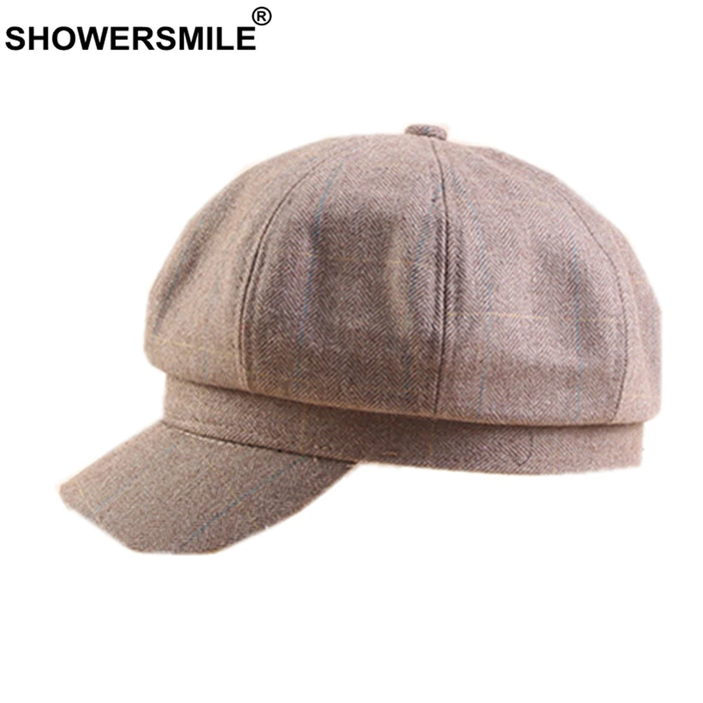SHOWERSMILE, британский стиль, газетная кепка для женщин, шерстяная серая клетчатая кепка, Ретро стиль, Peaky Blinder, фирменная Новинка, шерстяная Женская восьмиугольная кепка