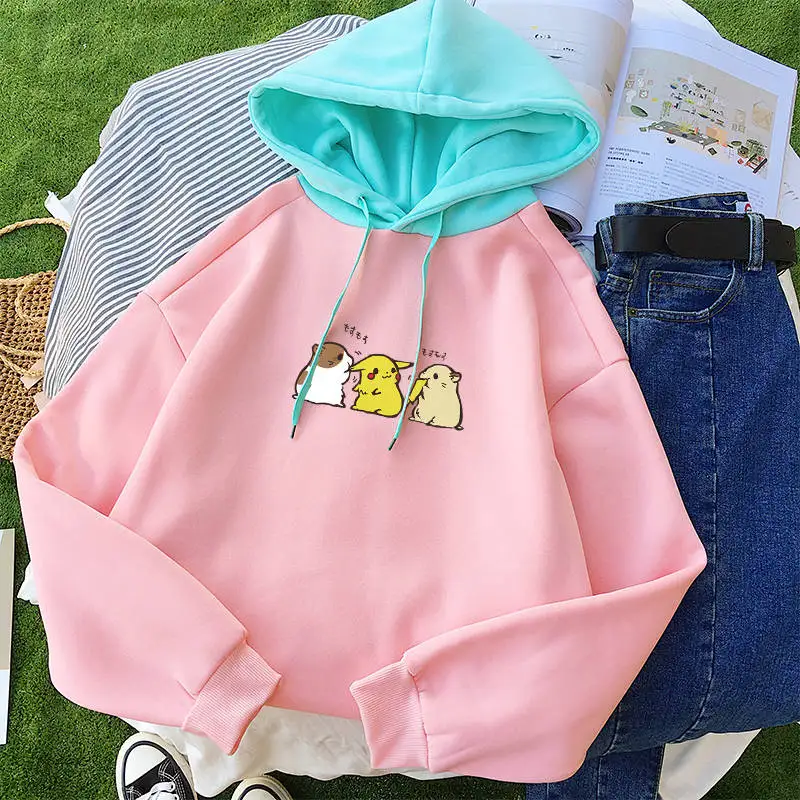 pink Kawaii толстовки женские флисовые контрастные цвета Лоскутные пуловеры Уличная Повседневная Милая хомяк Пикачу мультфильм с капюшоном - Цвет: pink