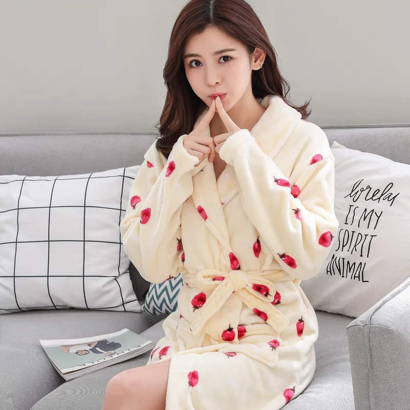 Lovely Robe Women Coral Fleece Nightwear Autumn Winter Warm Sleepwear Intimate Lingerie Home Cothes Flannel Homewear Nightdress