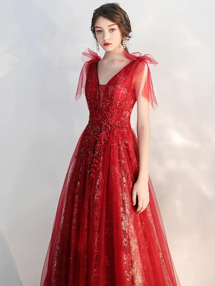 SSYFashion/Новое Вечернее платье винно-красного цвета с v-образным вырезом, кружевной аппликацией и блестками, бисероплетение, Длинные торжественные платья под заказ, Vestido De Noche