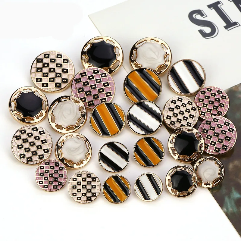 

6pcs Fashion Striped Grid Oil Metal Buttons Round Shank for Sewing Clothing Accessories DIY Garment Suit Coat Decorative Buttons