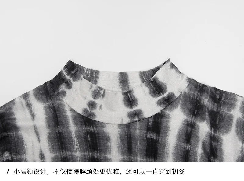 Небольшой дизайн чувство Высокий воротник с длинным рукавом ins tie dye футболка женская джемпер стиль