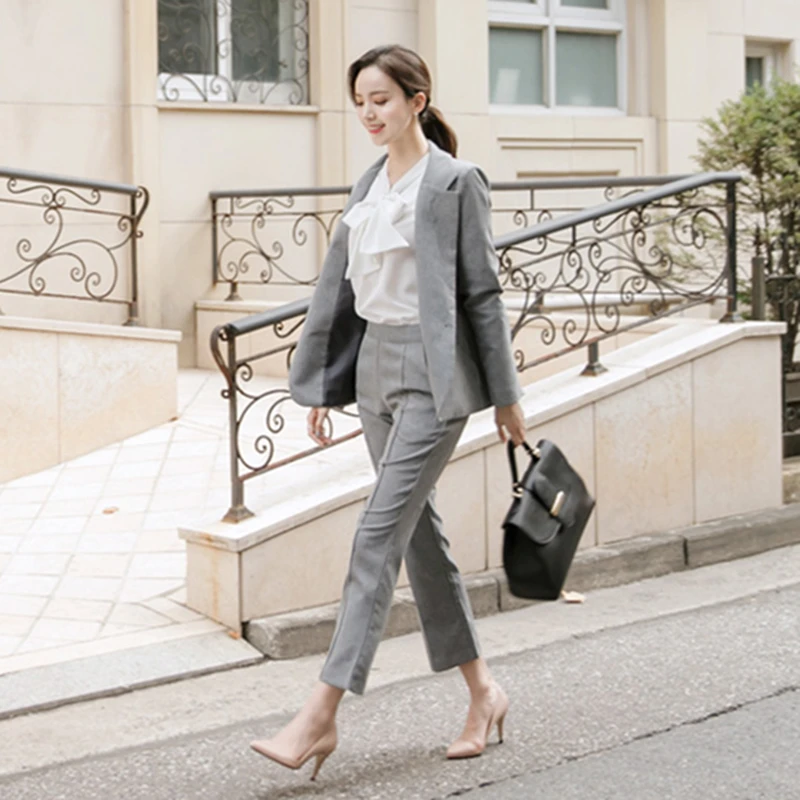 Nieuwe Herfst офис dameskleding hoge kwaliteit Блейзер tweedelige наборы сплошной Femme Pak Блейзер en broek набор
