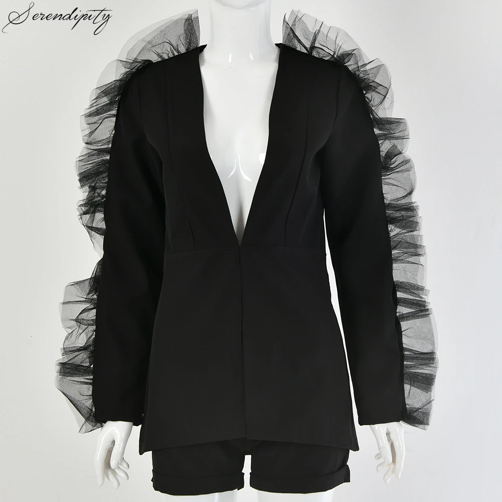 SRDP Unique Lace Feathers Mesh Sexy Blazer Coat Women Night Club Party Ruffle Blazer Suits Festival Fashion High Street Clothing - Цвет: Черный