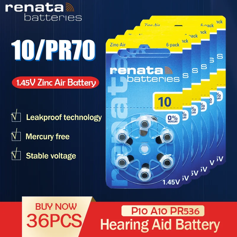 36 шт Renata 10 1 45 v 105mAh цинковые воздушные батареи ZA10 PR70 A10 для слухового аппарата