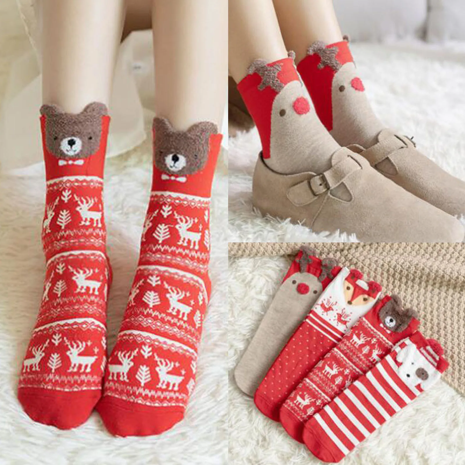 Winter Women Christmas Elk Print Socks Lovely Warm Cartoons Sock