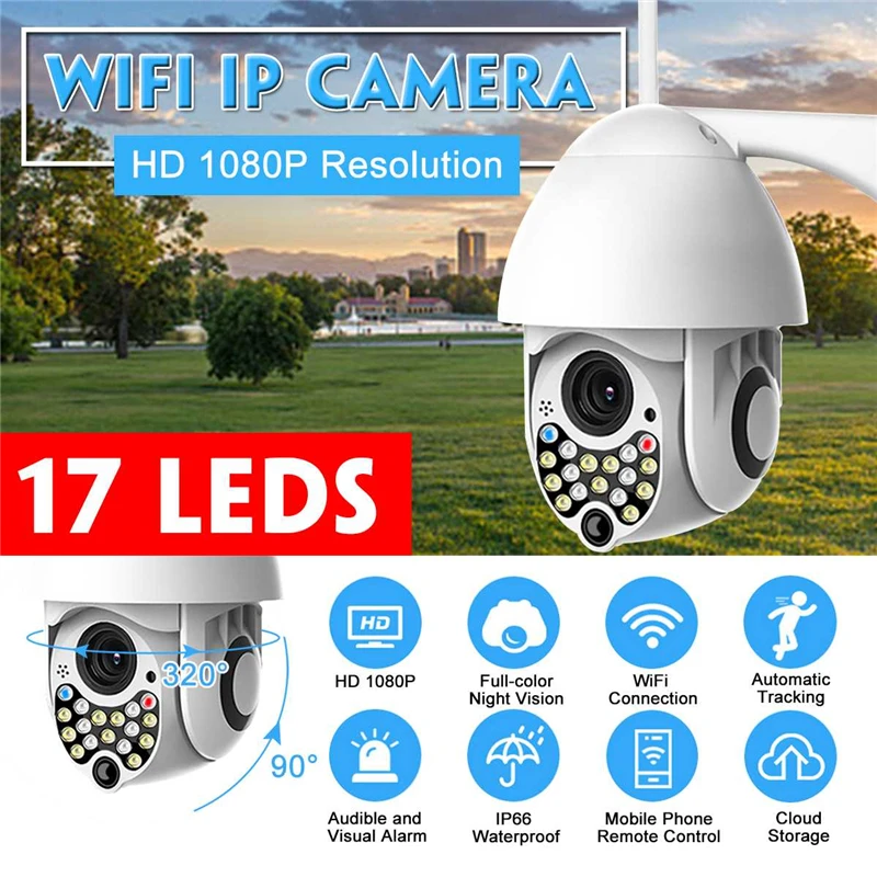 HD 1080P IP Camera Wifi Wireless Security Camera 17 LEDs Night Vision Pan Tilt Two Way Talk Cloud Storage Outdoor Monitor