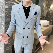 2019 autumn new men's fashion double-breasted plaid suit two-piece suit (blazer + suit pants) men's fashion slim casual suit