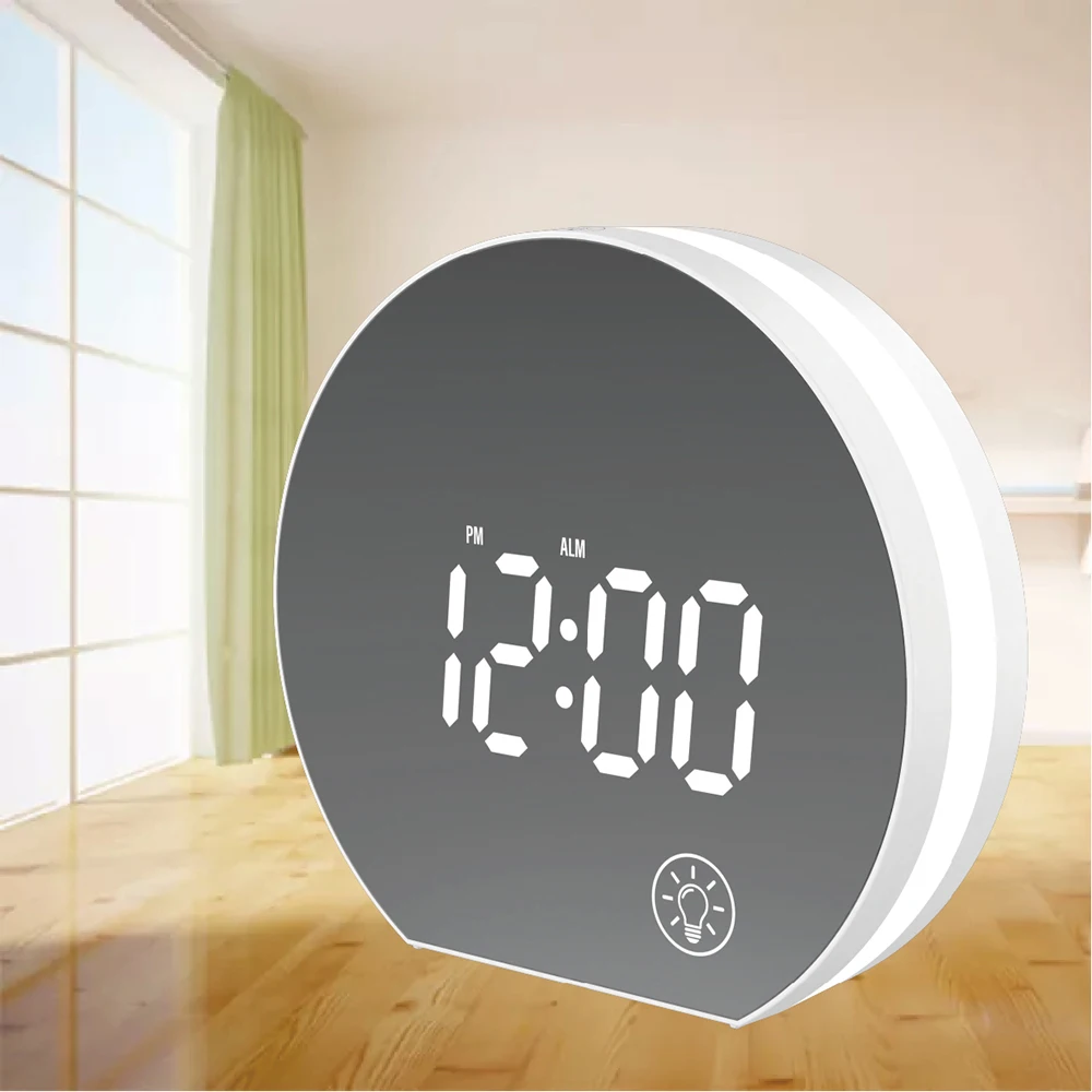 

USB powered Digital LED Mirror desk Snooze Alarm clock white with Calendar & Electronic Thermometer & desk lamp table watch
