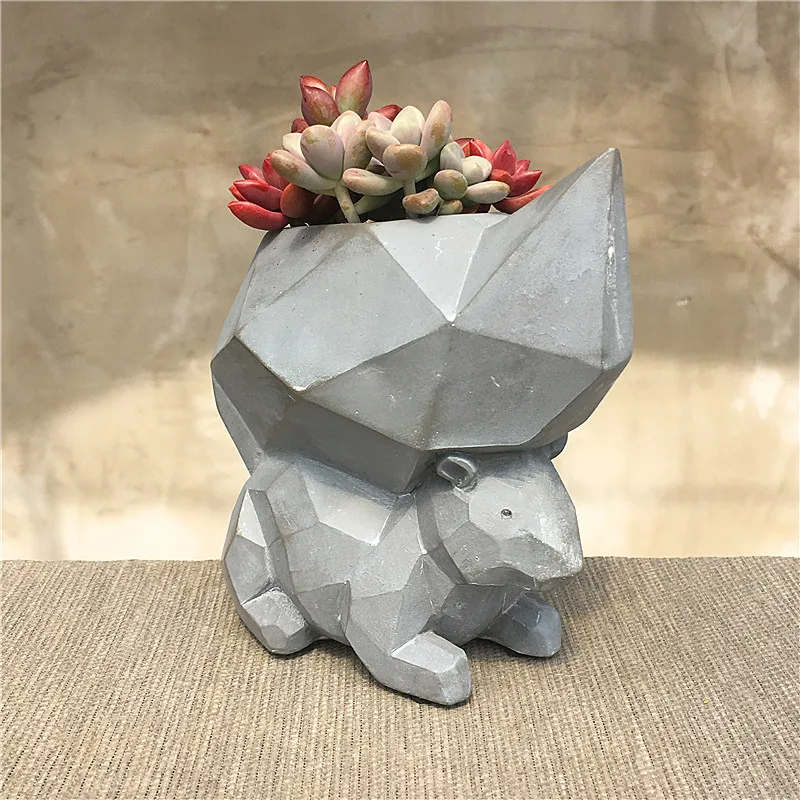 DUNXDECO Garden Plant Pot  Grey Geometric Space Art Squirrel Resin Multifunction Succulent Flower Pots Garden Decor Display