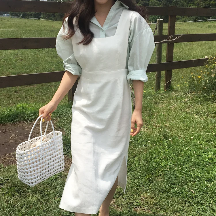 

Summer Autumn 2 Two Piece Set Long Sleeve Single Breasted Blouses and Spaghetti Strap Tank Tunic Sexy Split Casual Long Dress