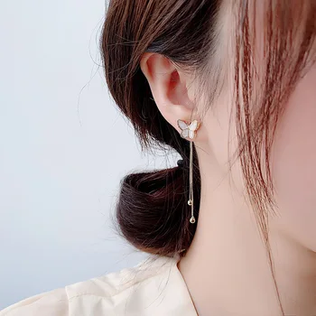 

Korean-style 925 Silver Butterfly Length Tassel Earring Elegant French Elegant Cool Long Ear Stud Earrings Ornament