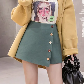 

Winter Shorts Women Streetwear Wool Skort Zipper Closed Buttons Asymmetry Black Green Short Pants Female High Waist Trousers